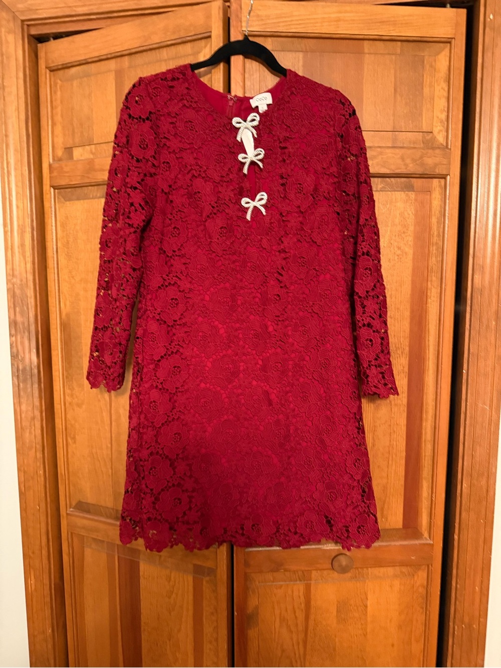 CeCe Crimson Lace Dress with White Bow Accents